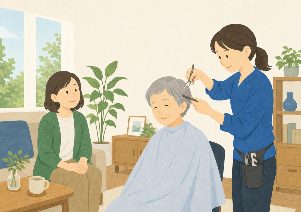 自宅の居間で、訪問した理美容師が高齢の方の髪をやさしく整えている穏やかな情景