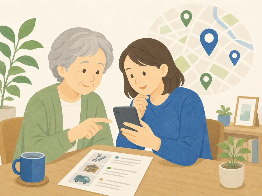 スマートフォンや紙の一覧で、近くの訪問理美容のお店をさがしている様子