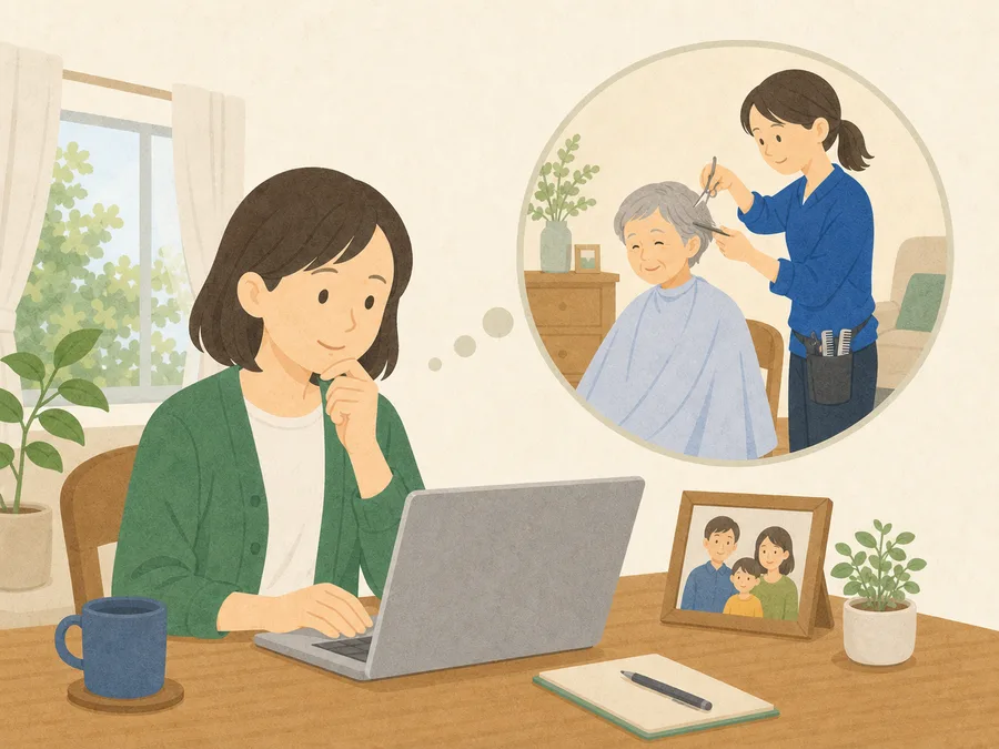 離れて暮らす家族が、親のために訪問理美容のお店をさがしている様子